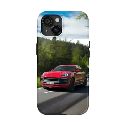 Red Porsche Macan GTS On Forest Road