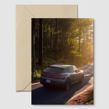 Porsche Macan Driving Through Sunlit Forest