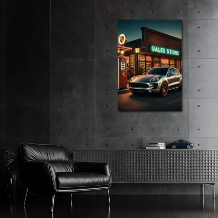 Porsche Macan at Retro Gas Station Night