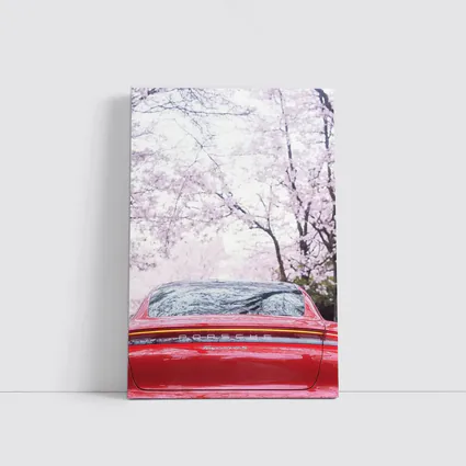 Red Porsche Taycan Cherry Blossom Background