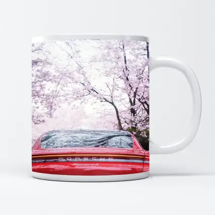 Red Porsche Taycan Cherry Blossom Background