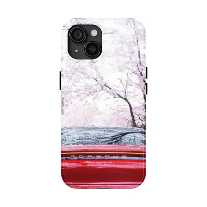 Red Porsche Taycan Cherry Blossom Background