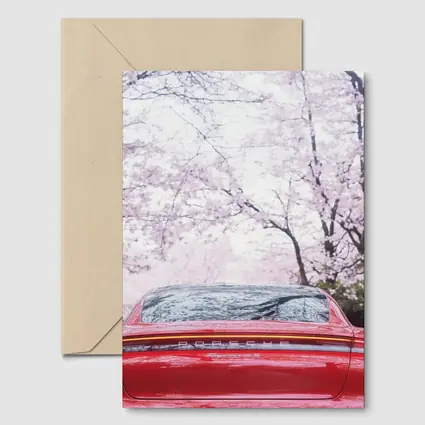 Red Porsche Taycan Cherry Blossom Background
