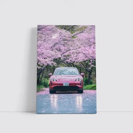 Porsche Taycan Red Under Cherry Blossoms
