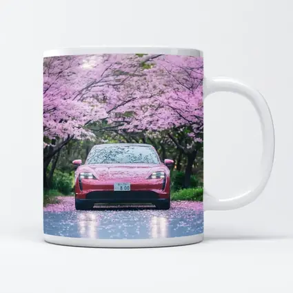 Porsche Taycan Red Under Cherry Blossoms