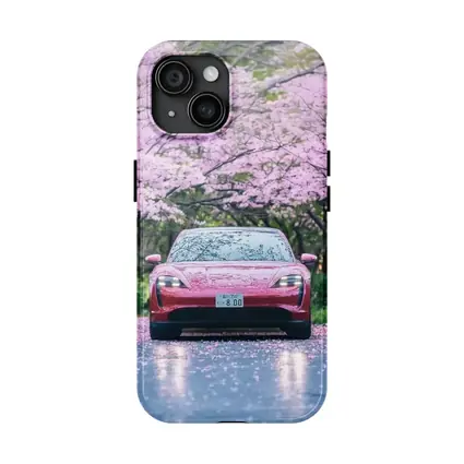 Porsche Taycan Red Under Cherry Blossoms