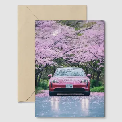 Porsche Taycan Red Under Cherry Blossoms