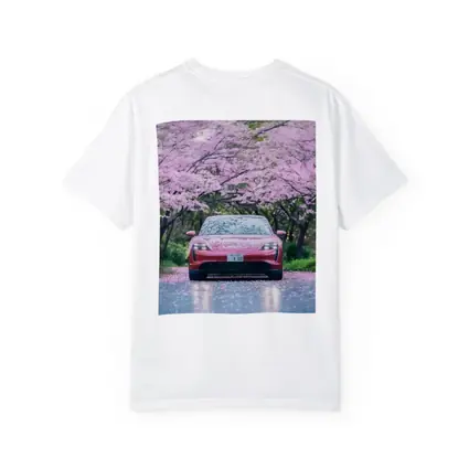 Porsche Taycan Red Under Cherry Blossoms