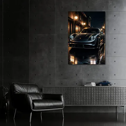 Porsche Taycan Night Wet Street Dark