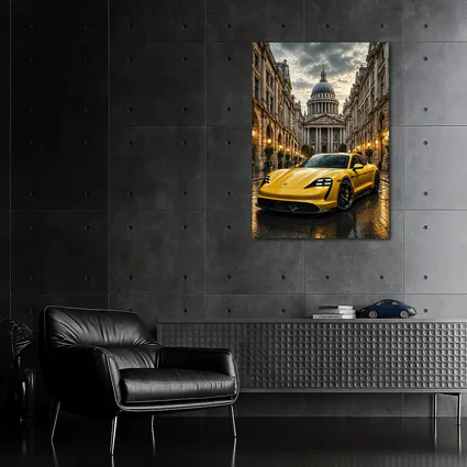 Yellow Porsche Taycan On Wet City Street