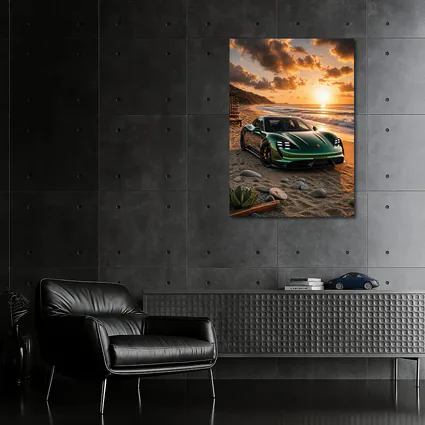 Porsche Taycan Green on Sunset Beach