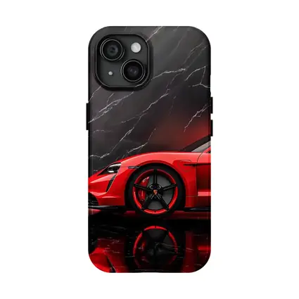 Porsche Taycan Red Against Black Marble