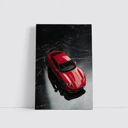 Red Porsche Taycan On Black Marble Floor