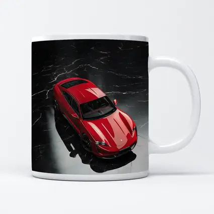 Red Porsche Taycan On Black Marble Floor