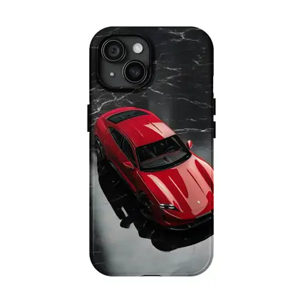 Red Porsche Taycan On Black Marble Floor