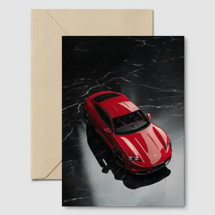 Red Porsche Taycan On Black Marble Floor