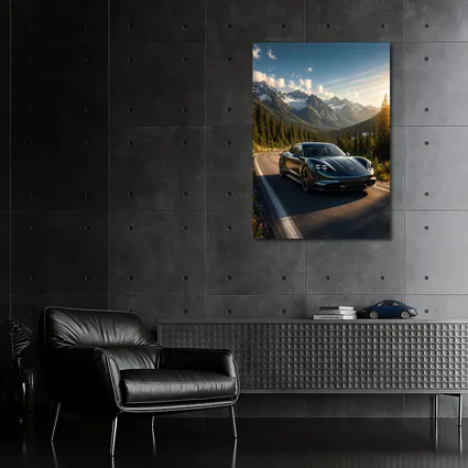 Porsche Taycan on Mountain Road at Sunset