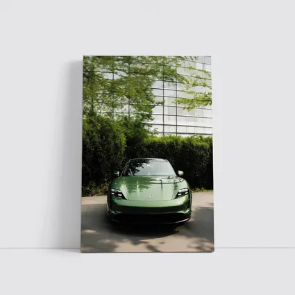 Porsche Taycan Green Front View Glass Building