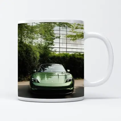 Porsche Taycan Green Front View Glass Building