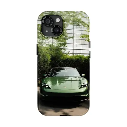 Porsche Taycan Green Front View Glass Building