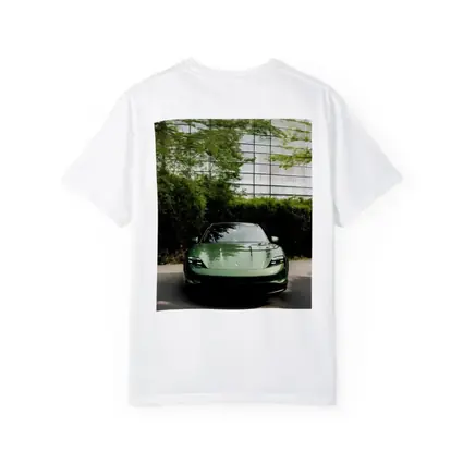 Porsche Taycan Green Front View Glass Building
