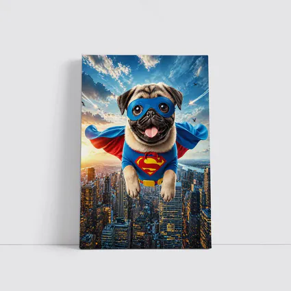 Pug Superhero Flying Over City Skyline