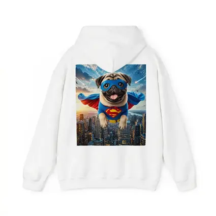 Pug Superhero Flying Over City Skyline
