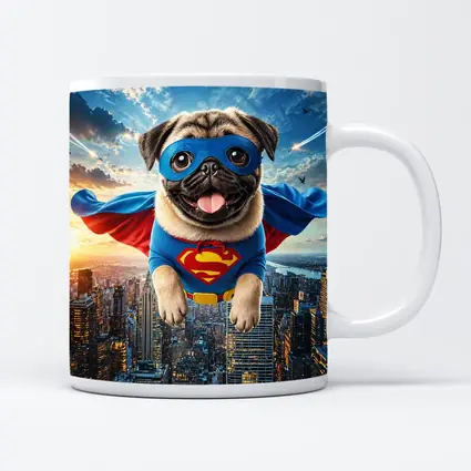 Pug Superhero Flying Over City Skyline