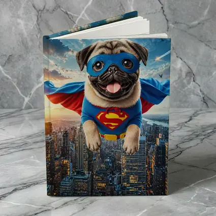 Pug Superhero Flying Over City Skyline
