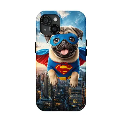 Pug Superhero Flying Over City Skyline