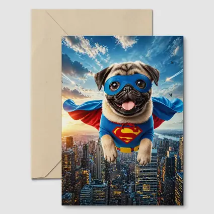 Pug Superhero Flying Over City Skyline