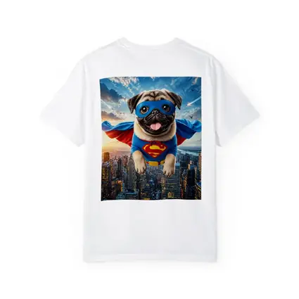 Pug Superhero Flying Over City Skyline