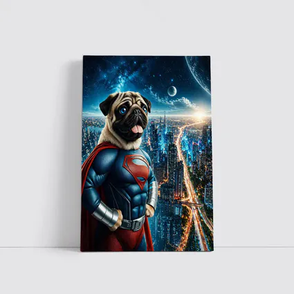 Pug Dog Superman Hero City Night
