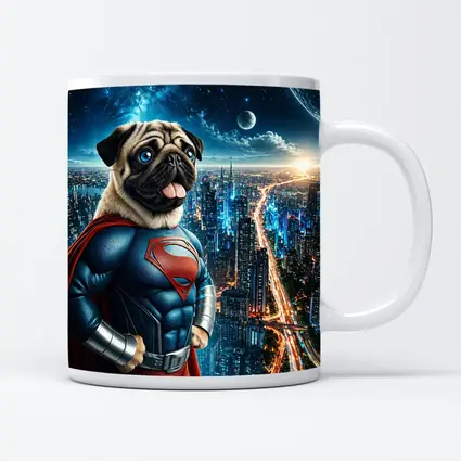 Pug Dog Superman Hero City Night