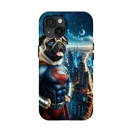 Pug Dog Superman Hero City Night