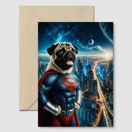 Pug Dog Superman Hero City Night