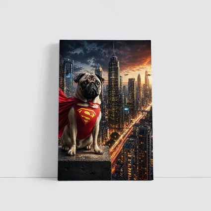 Pug Superhero Superman Cape City Night