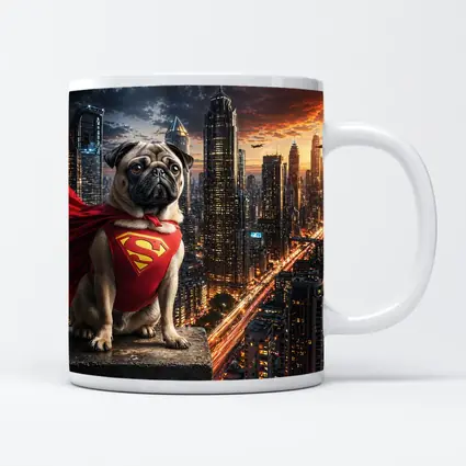 Pug Superhero Superman Cape City Night