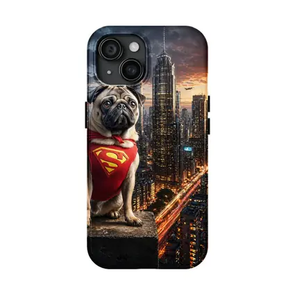 Pug Superhero Superman Cape City Night