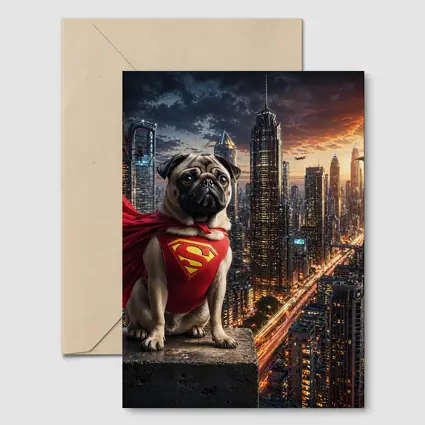 Pug Superhero Superman Cape City Night