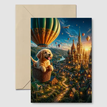 Golden Retriever Puppy Hot Air Balloon Fantasy City