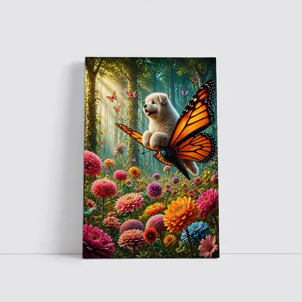 Puppy Riding Monarch Butterfly Over Flower Garden
