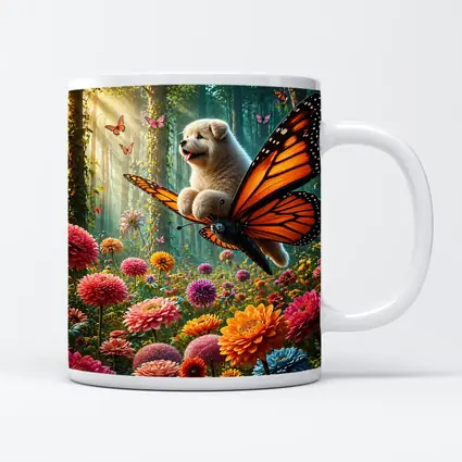 Puppy Riding Monarch Butterfly Over Flower Garden