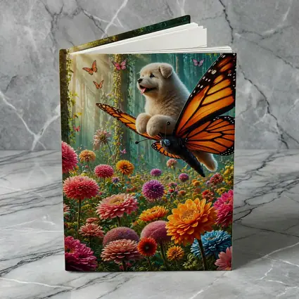 Puppy Riding Monarch Butterfly Over Flower Garden