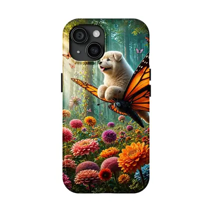 Puppy Riding Monarch Butterfly Over Flower Garden