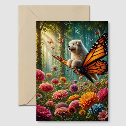 Puppy Riding Monarch Butterfly Over Flower Garden