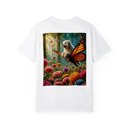 Puppy Riding Monarch Butterfly Over Flower Garden