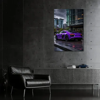 Purple Audi R8 Rainy City Street