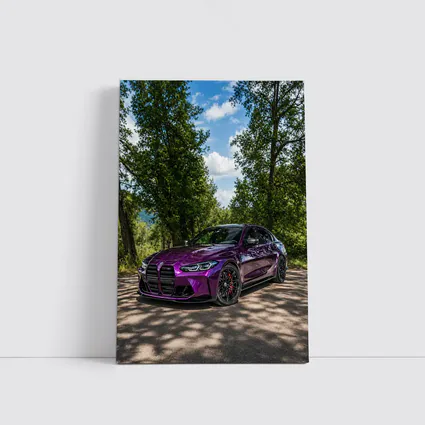 Purple BMW M3 Competition Sedan Forest Road