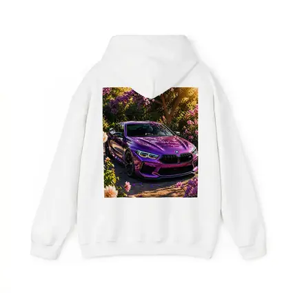Purple BMW M8 Parked Among Pink Blossoms